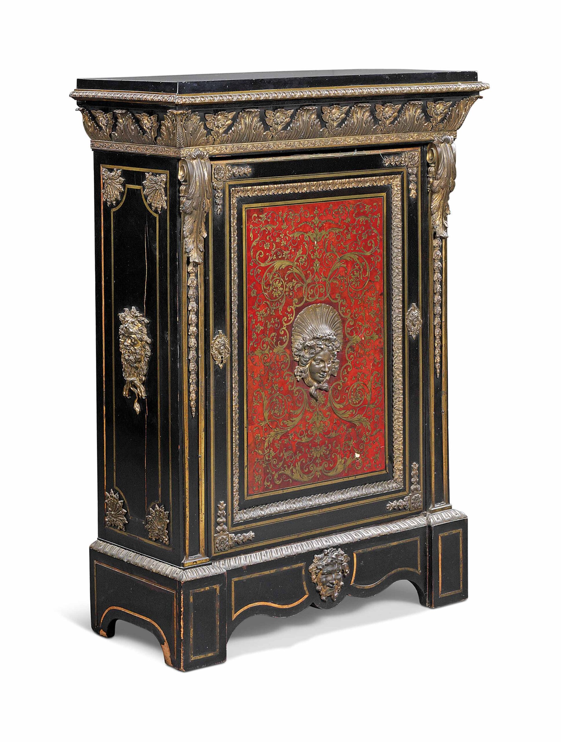 A FRENCH ORMOLU-MOUNTED, CUT-BRASS INLAID, RED TORTOISESHELL ‘BOULLE’ MARQUETRY, EBONY AND EBONISED SIDE CABINET
