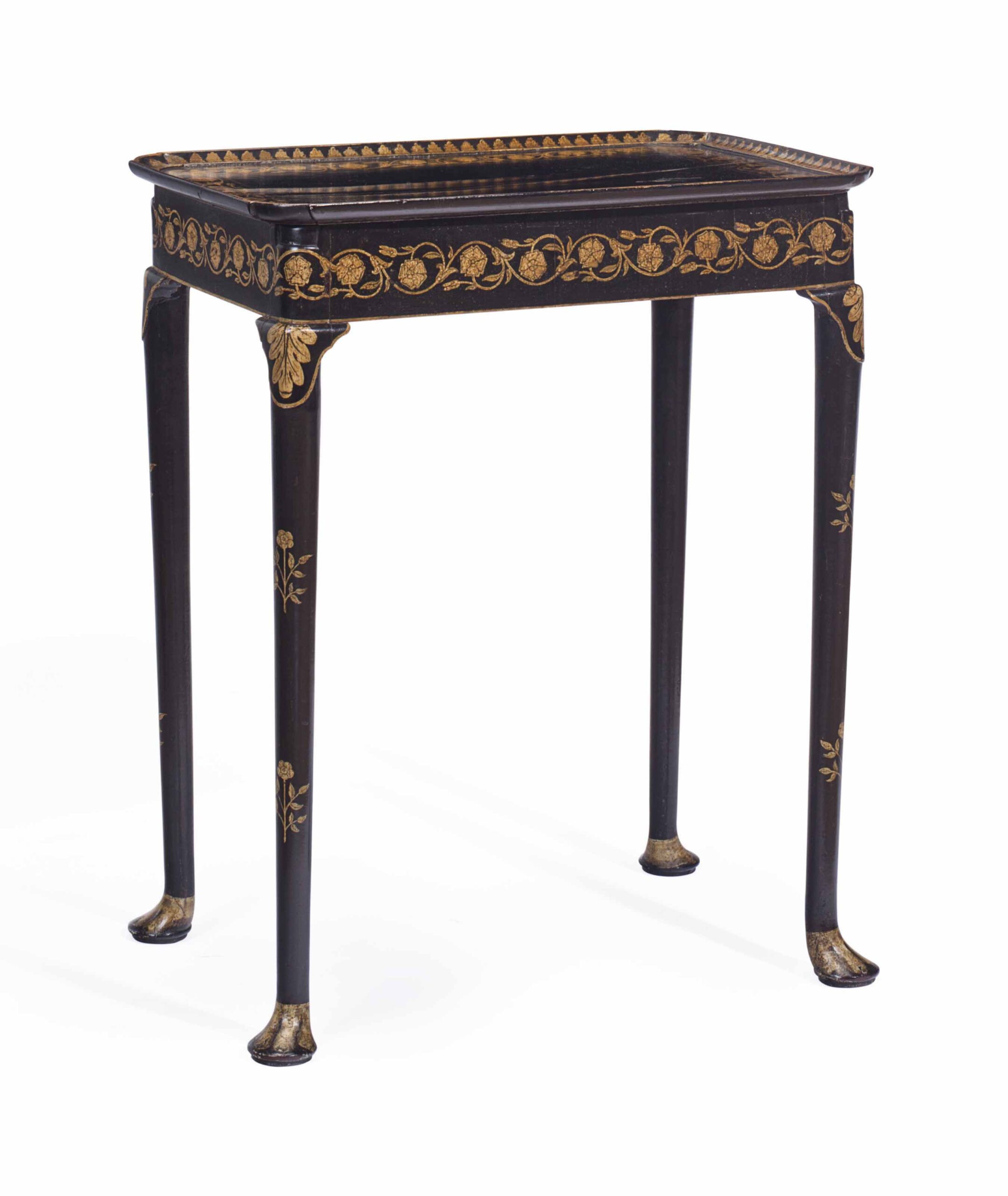 A GEORGE II MAHOGANY BLACK AND CREAM PENWORK SIDE TABLE