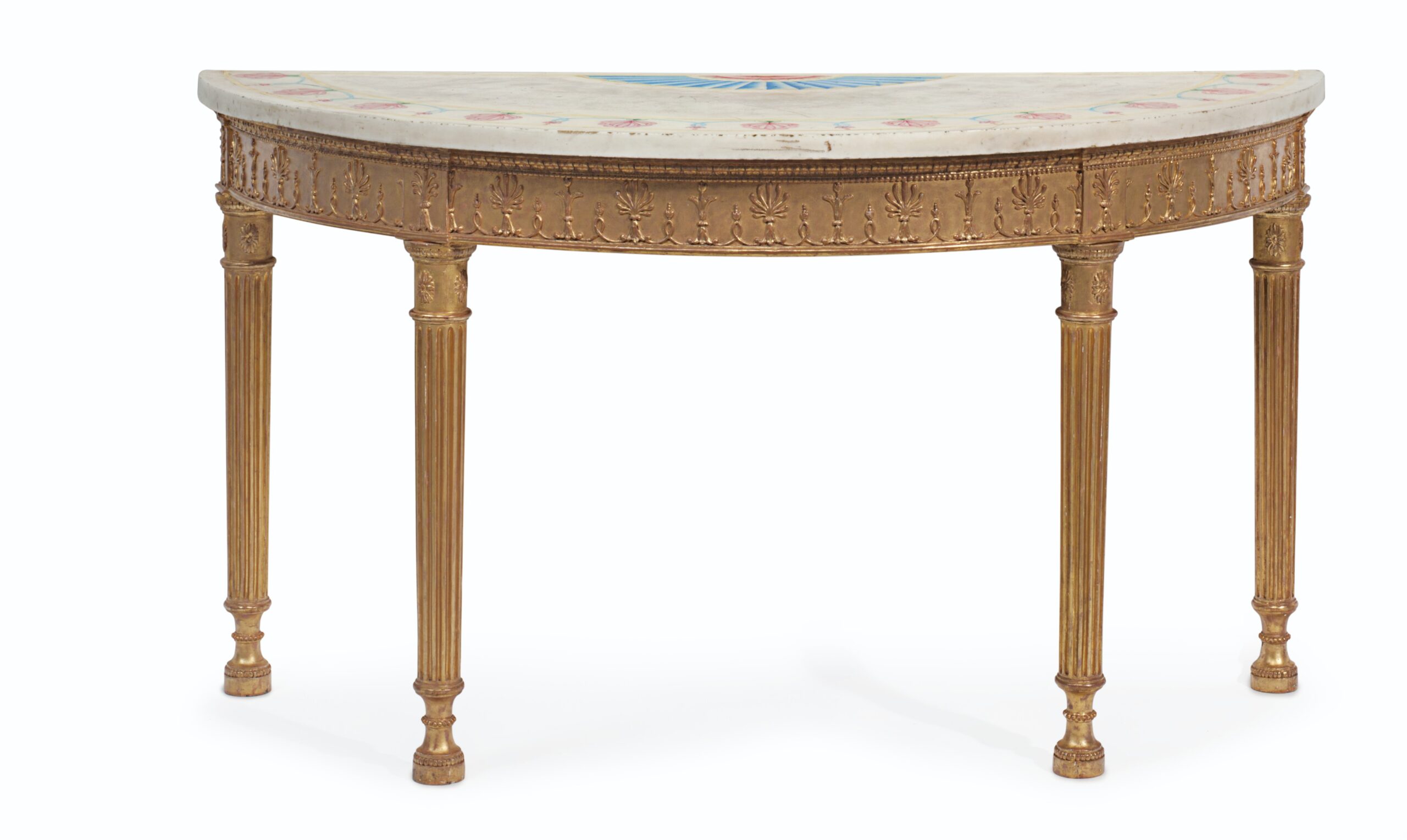 A GEORGE III GILTWOOD, SCAGLIOLA AND WHITE MARBLE SIDE TABLE