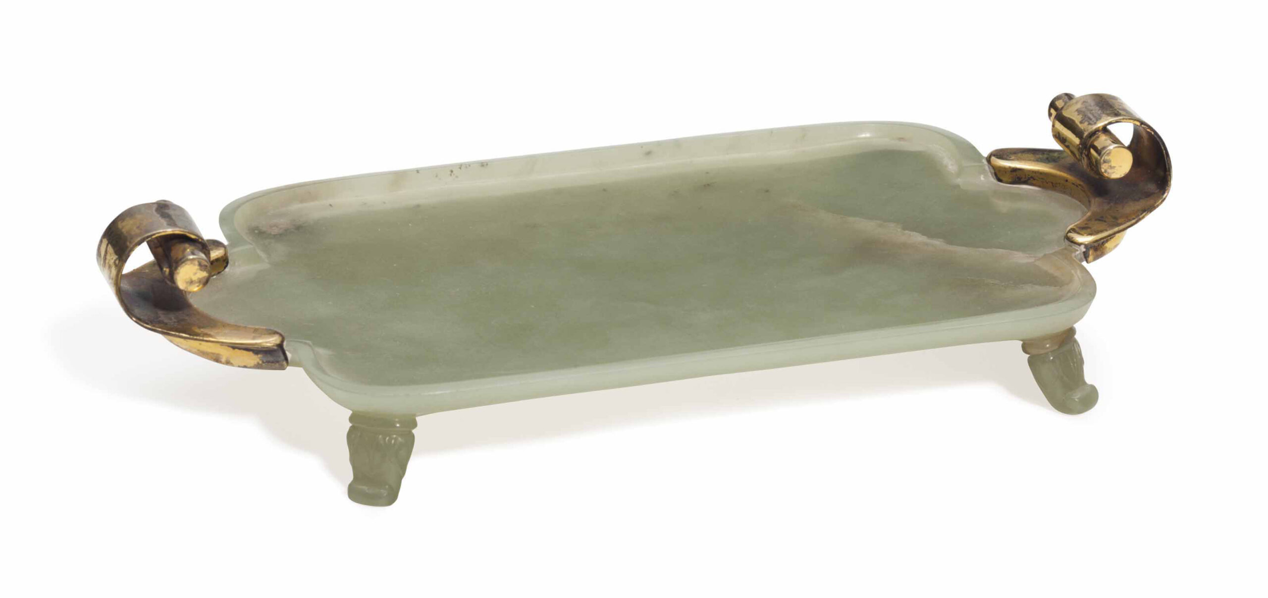 A GILT METAL-MOUNTED CHINESE PALE GREEN JADE DESK ACCESSORY