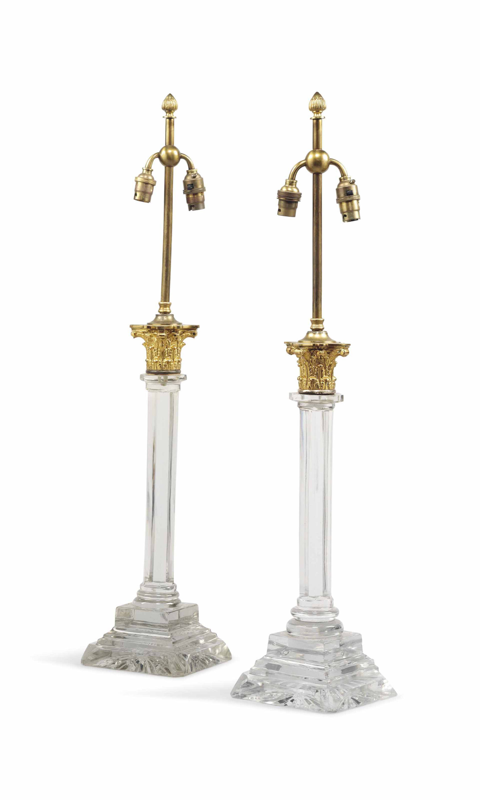 A MATCHED PAIR OF GILT BRONZE MOUNTED GLASS COLUMN TABLE LAMPS