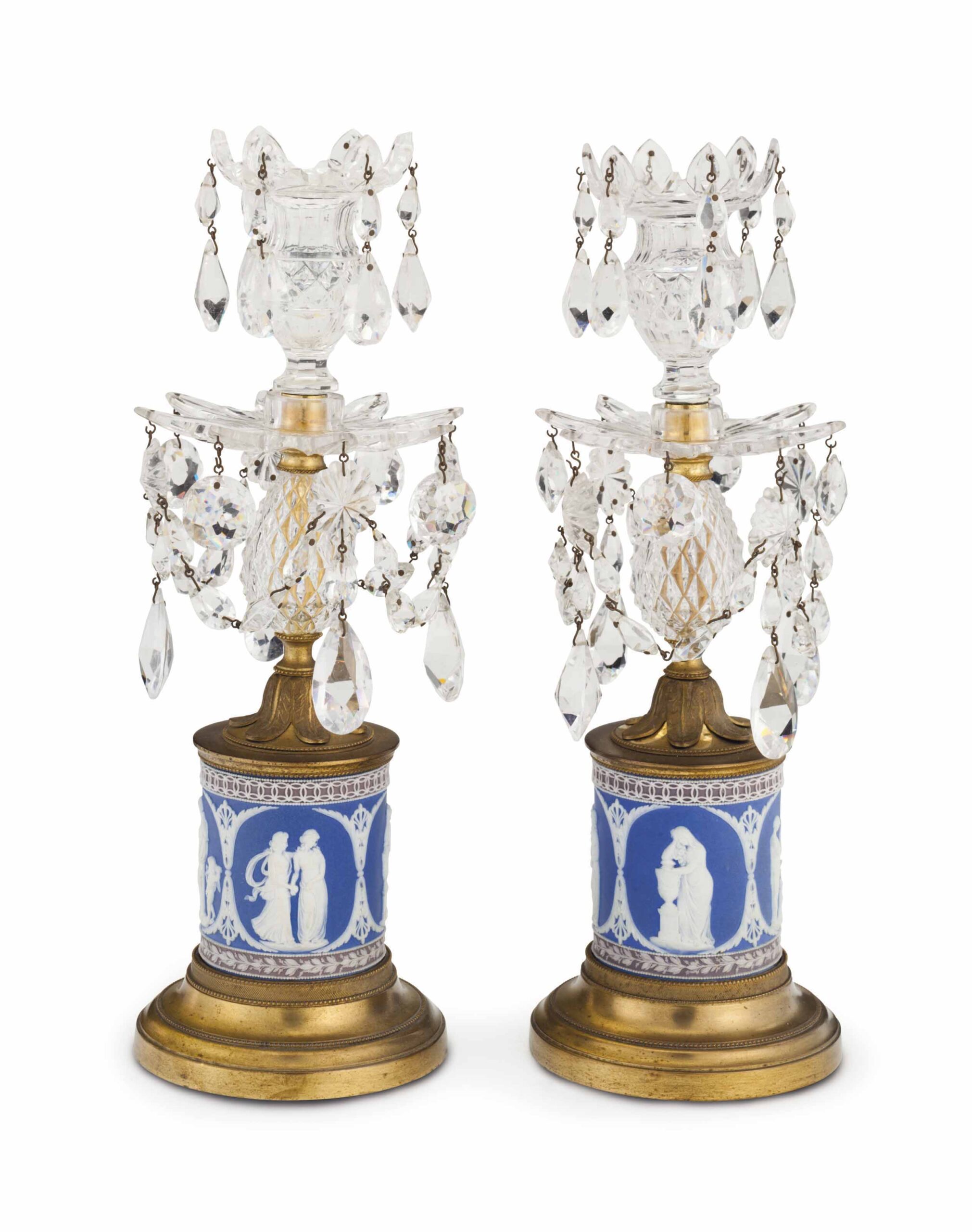 A PAIR OF GEORGE III GILT-METAL MOUNTED JASPERWARE AND CUT-GLASS CANDLESTICKS