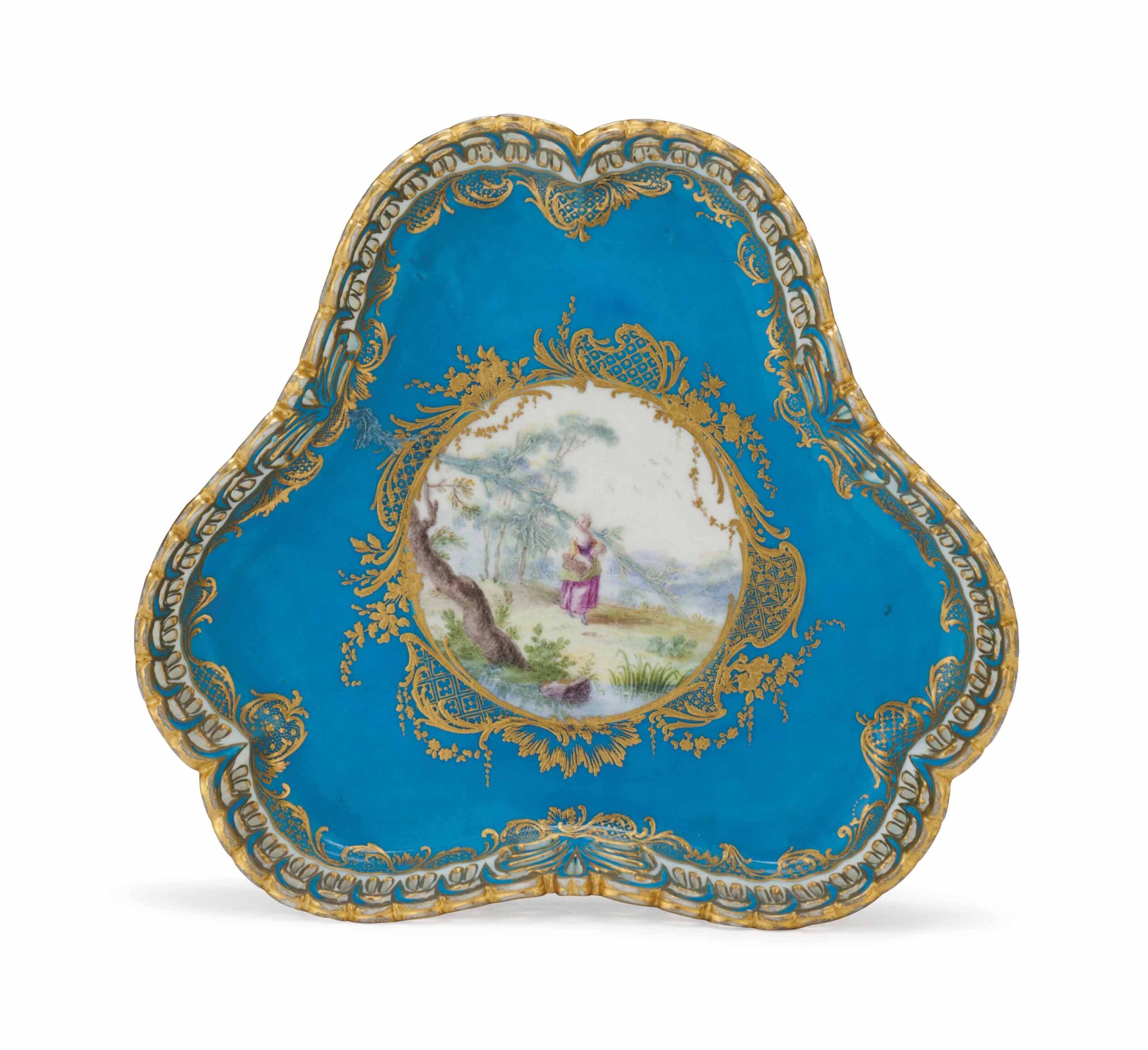 A SEVRES PORCELAIN ‘BLEU CELESTE’ RETICULATED TREFOIL TRAY (PLATEAU TRIANGLE CORBEILLE A JOUR)