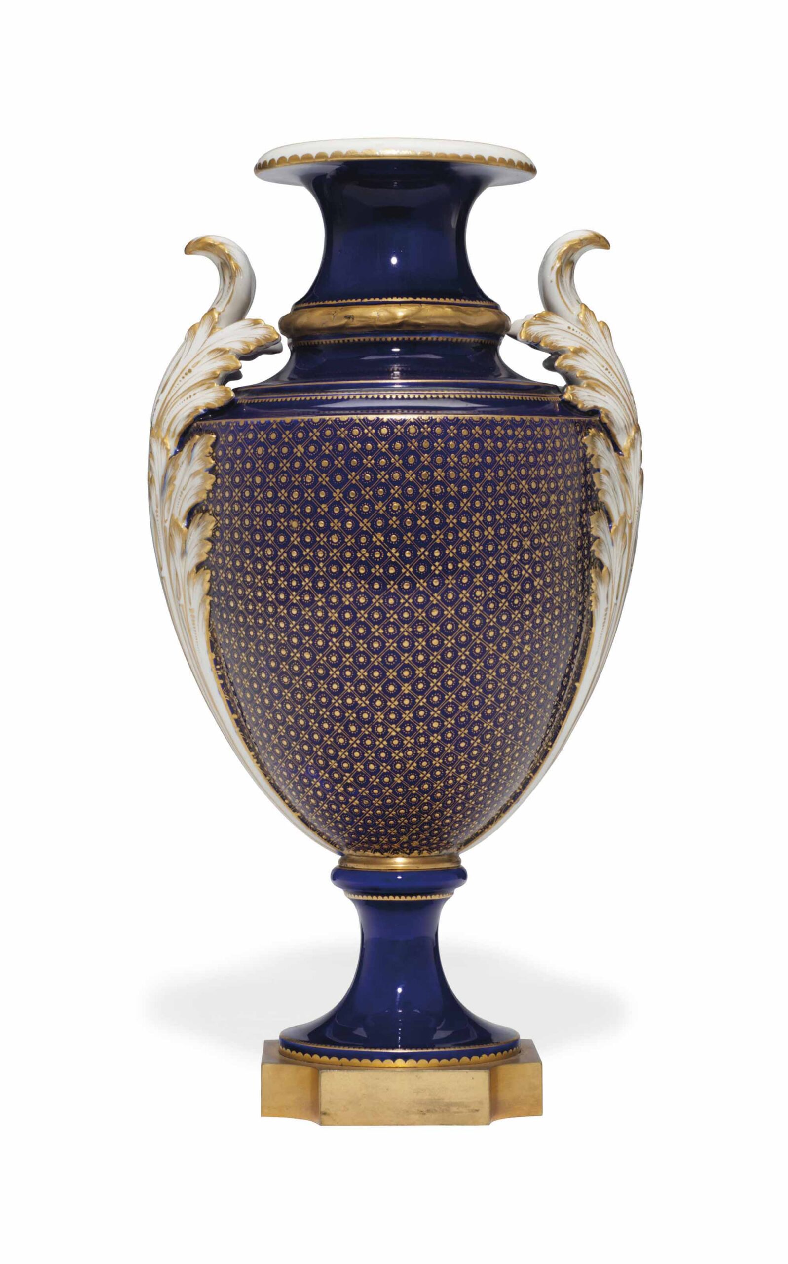 AN ORMOLU-MOUNTED SEVRES PORCELAIN ‘BLEU NOUVEAU’ VASE (‘VASE A GORGES’ OR ‘VASE A TROIS GORGES’)