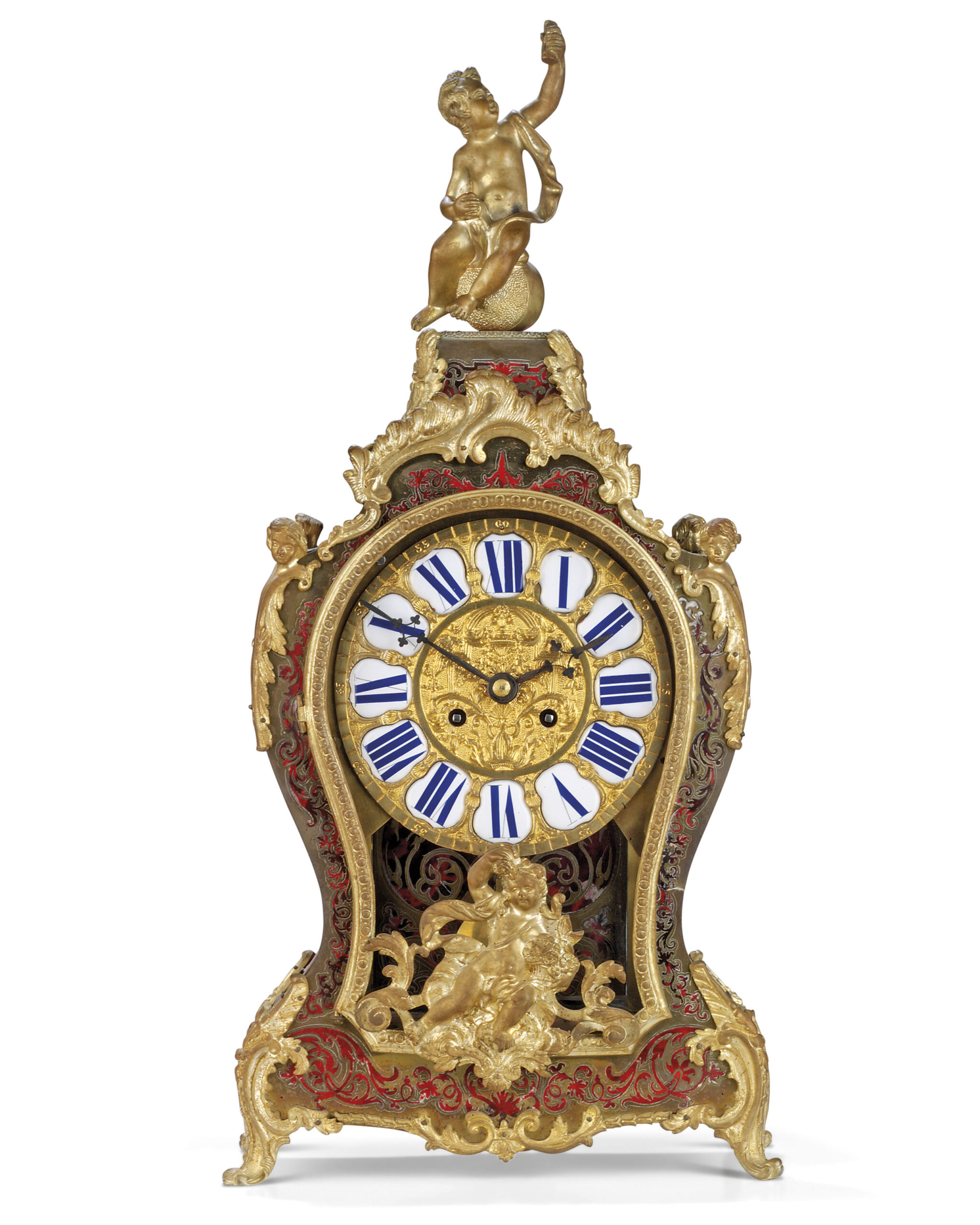 AN ITALIAN ORMOLU-MOUNTED SCARLET ‘BOULLE’ MANTEL CLOCK