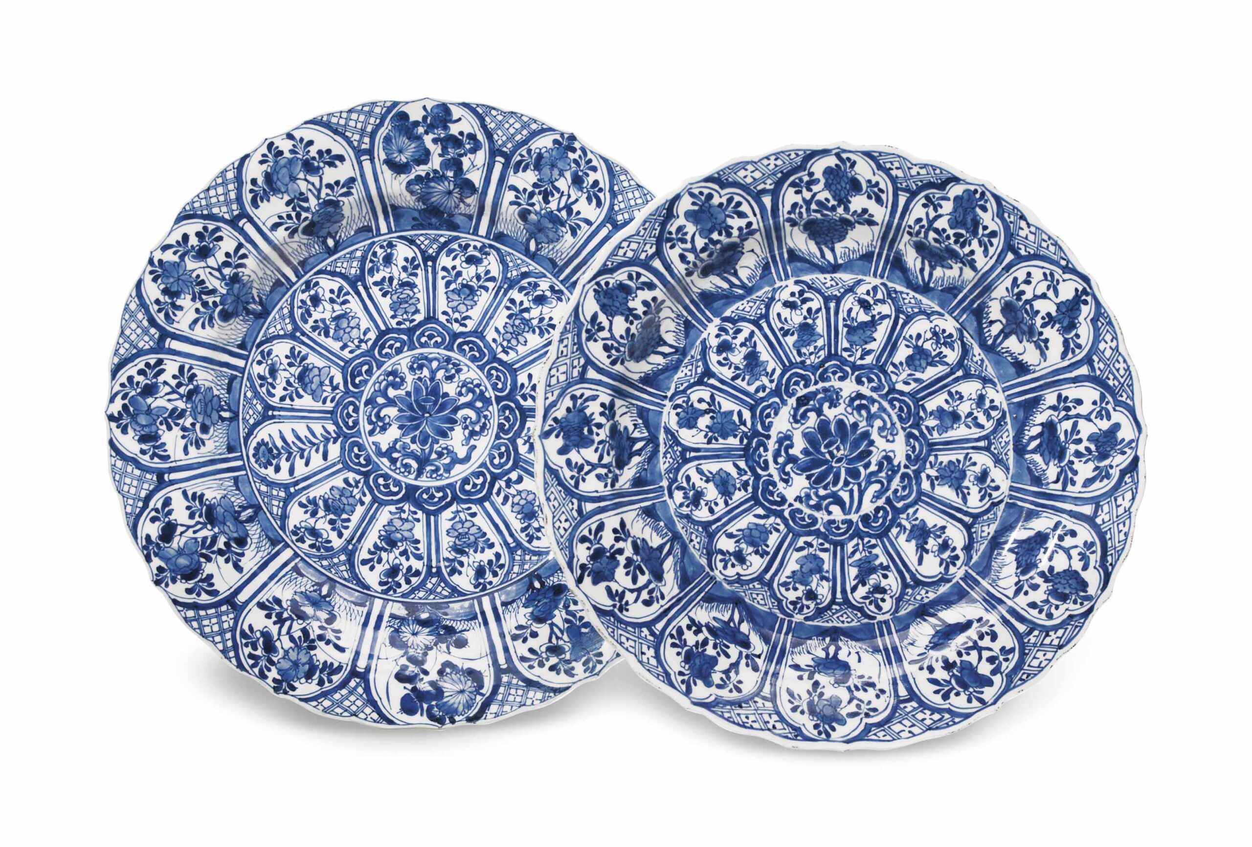 TWO CHINESE BLUE AND WHITE SCALLOPED RIM ‘LOTUS’ CHARGERS