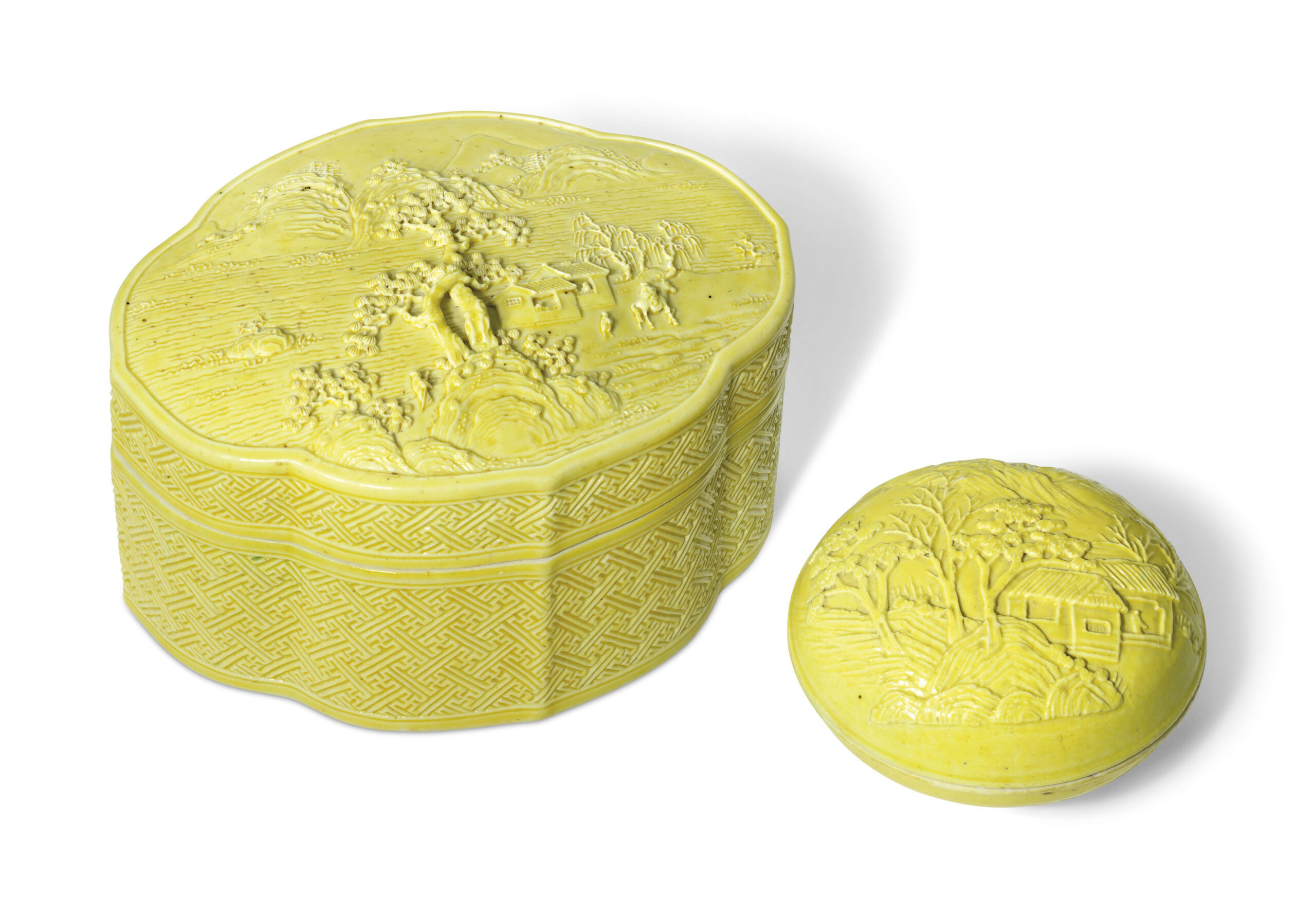 TWO MOULDED YELLOW-GLAZED BOXES AND COVERS